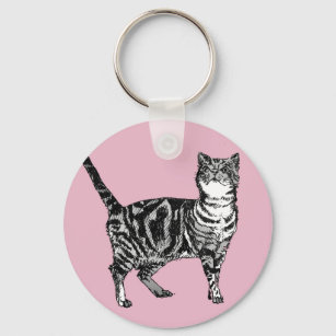 Pink Tabby Cat Cats Kitty Girls Art Key Ring
