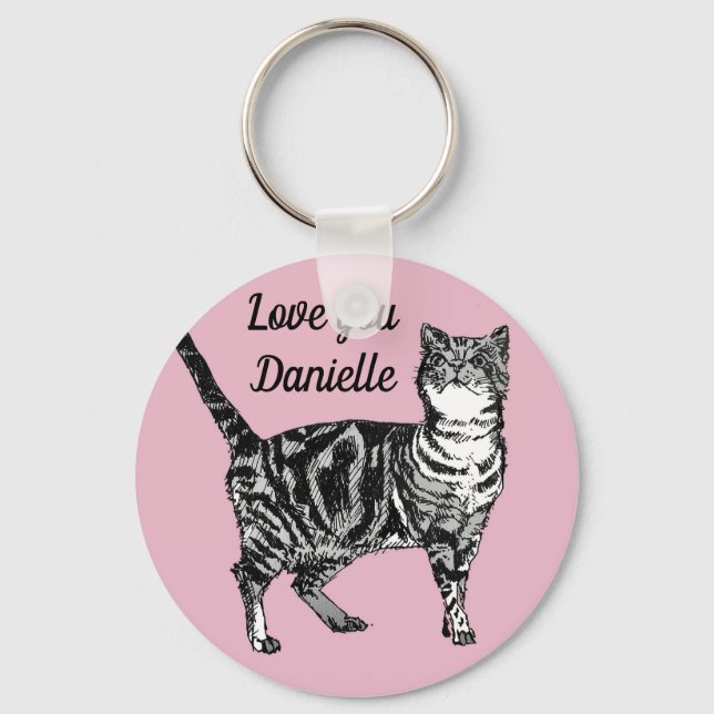 Pink Tabby Cat Cats Kitty Girls Name Key Ring (Front)