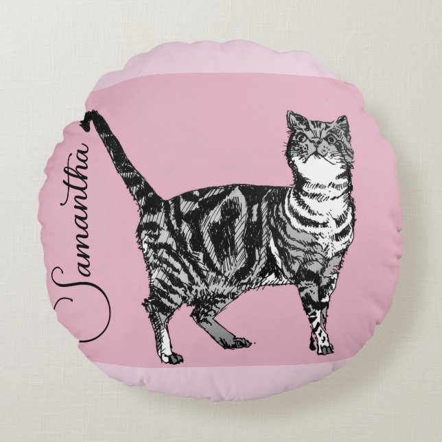 Pink Tabby Cat Cats Pink Girls Name Nursery Round Pillow (Front)