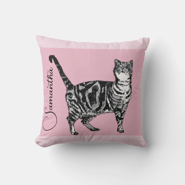 Pink Tabby Cat Cats Pink Girls Name Nursery Throw Pillow (Front)