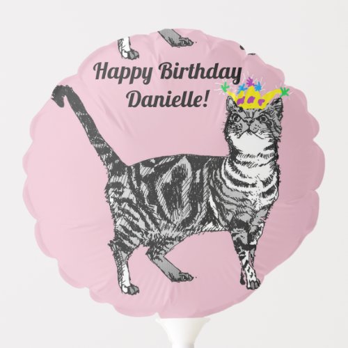 Pink Tabby Cat Girls Name Happy Birthday Balloon