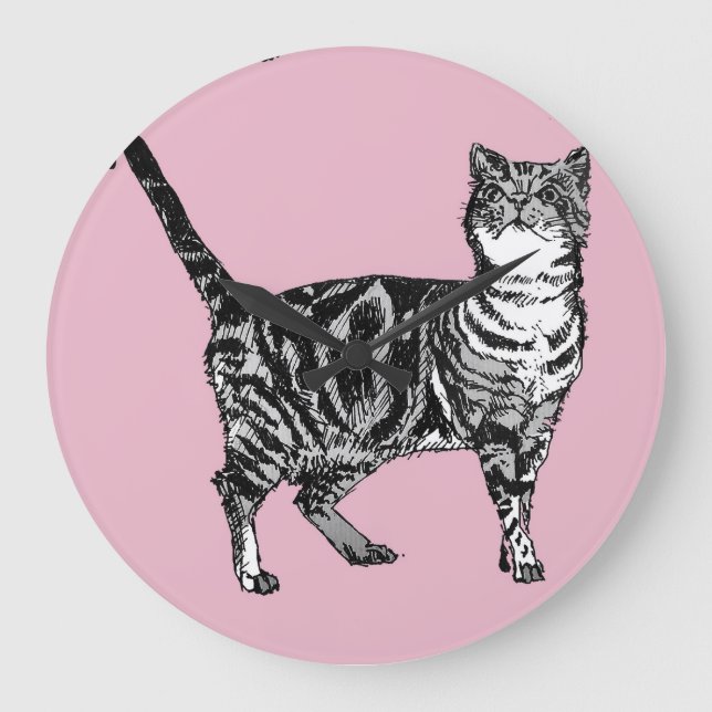 Pink Tabby Cat Watercolor Painting Art Wall Clock (Front)