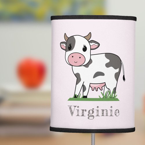 Pink Table Lamp with a Cute Cow on Grass