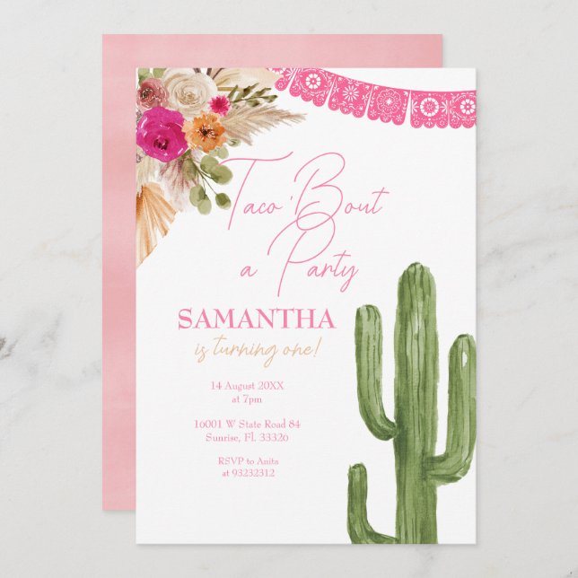 Pink Taco Cactus First Birthday Invitation (Front/Back)