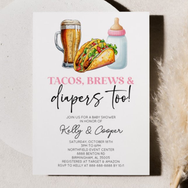 Pink Tacos Brews and Diapers Too! Baby Shower Invitation (Creator Uploaded)