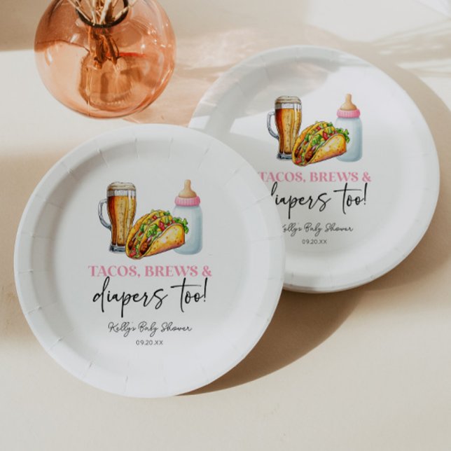 Pink Tacos Brews and Diapers Too! Baby Shower Paper Plates (Creator Uploaded)