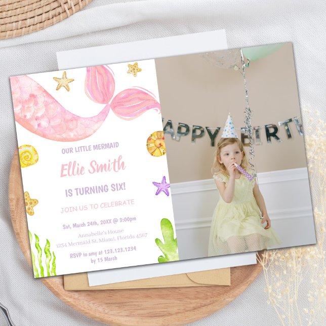 Pink Tail Mermaid Birthday Invitations with photo (Pink Tail Mermaid Birthday Invitations with photo)