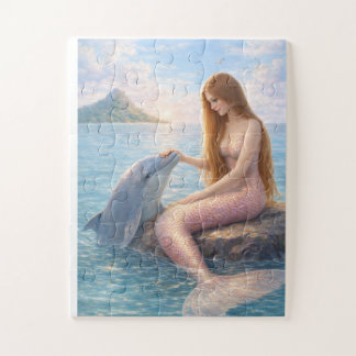 Pink Tail Mermaid & Dolphin Jigsaw Puzzle