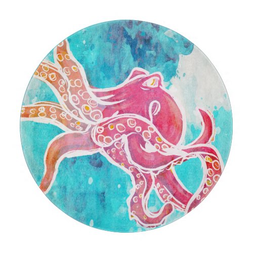 Pink tako _ octopus watercolor art cutting board