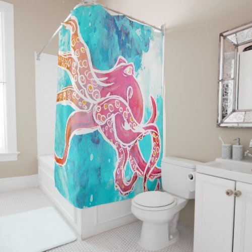 Pink tako _ octopus watercolor art shower curtain