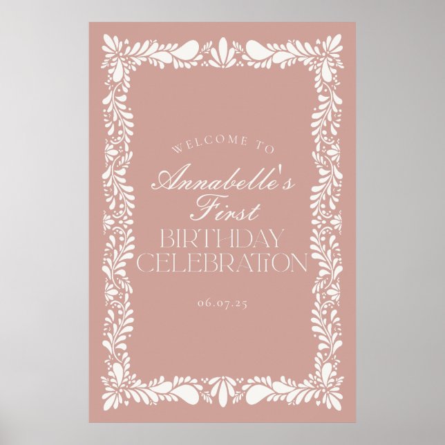 Pink Talavera Tile Fiesta Birthday Party Welcome Poster (Front)