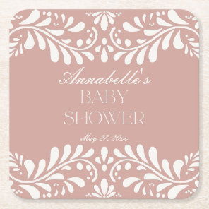 Pink Talavera Tile Spanish Fiesta Baby Shower Square Paper Coaster
