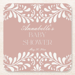Pink Talavera Tile Spanish Fiesta Baby Shower Square Paper Coaster
