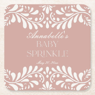 Pink Talavera Tile Spanish Fiesta Baby Sprinkle Square Paper Coaster