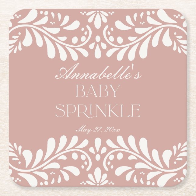 Pink Talavera Tile Spanish Fiesta Baby Sprinkle Square Paper Coaster (Front)