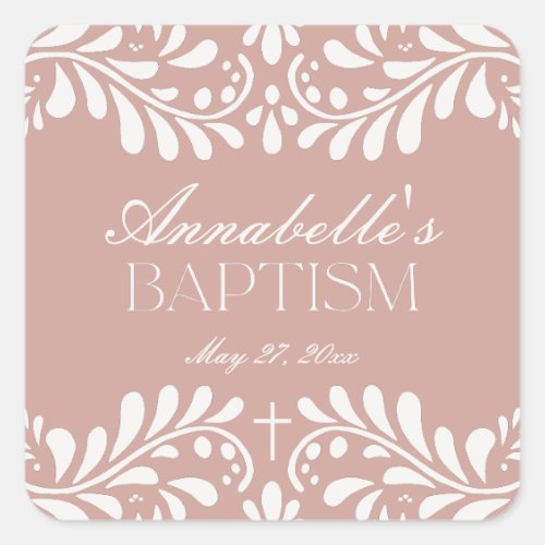 Pink Talavera Tile Spanish Fiesta Baptism Favor Square Sticker