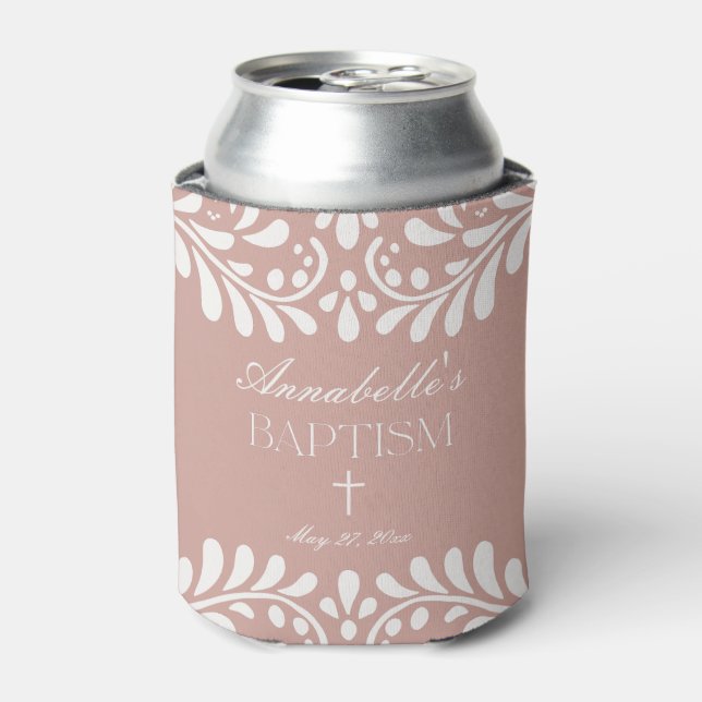 Pink Talavera Tile Spanish Fiesta Baptism Favors Can Cooler (Can Front)