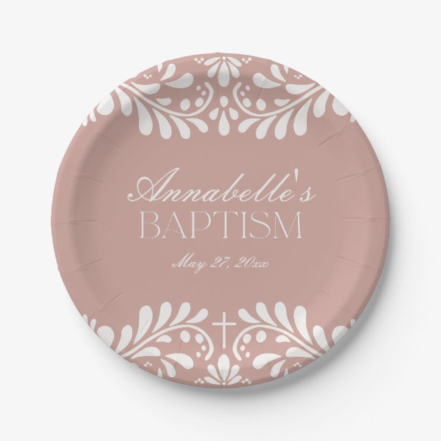 Pink Talavera Tile Spanish Fiesta Baptism Paper Plates (Front)