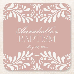 Pink Talavera Tile Spanish Fiesta Baptism Square Paper Coaster