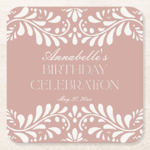 Pink Talavera Tile Spanish Fiesta Birthday Party Square Paper Coaster