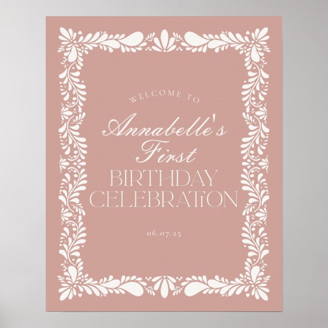 Pink Talavera Tile Spanish Fiesta Birthday Welcome Poster (Front)