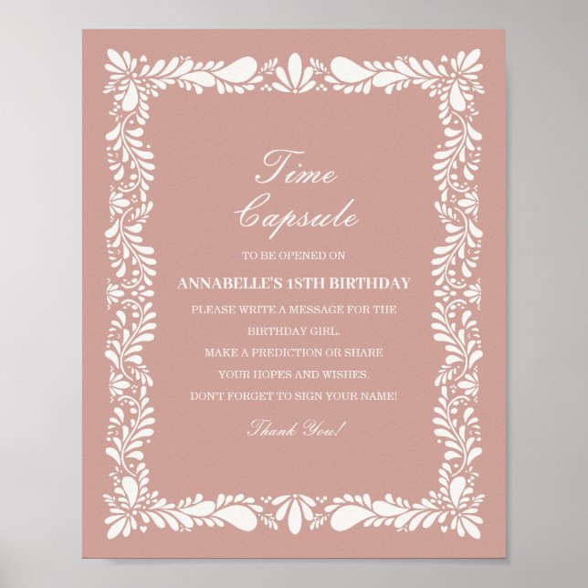 Pink Talavera Tile Time Capsule Baby Birthday Game Poster (Front)