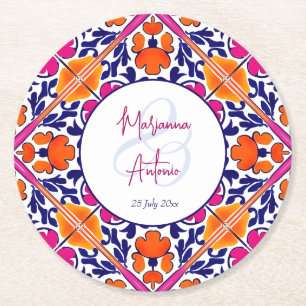 Pink talavera vintage Mexican wedding favors Round Paper Coaster