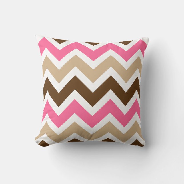Pink, Tan, and Brown Chevron Pattern Throw Pillow (Front)