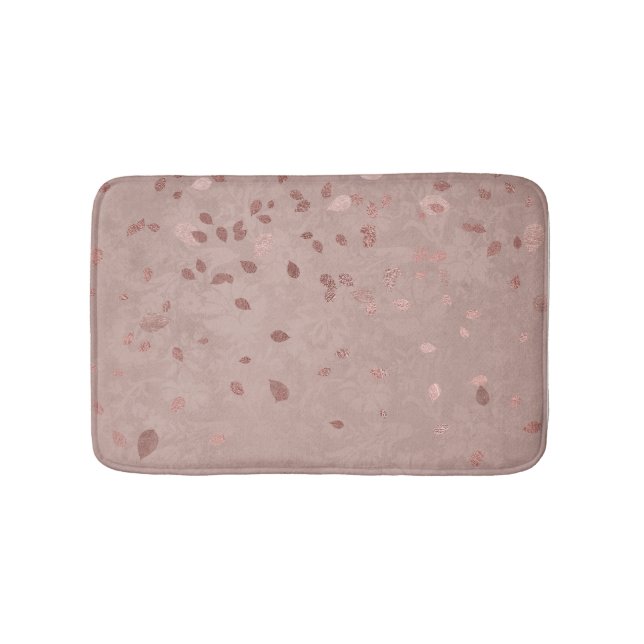 Pink Tan Brown Shiny Gold Elegant Random Leaves Bath Mat (Front)