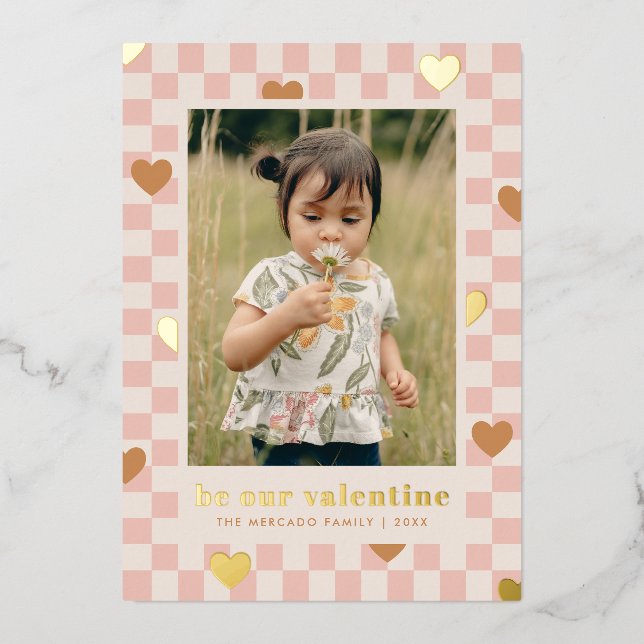 Pink Tan Checkerboard Hearts Valentine's Day Card (Front)