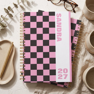 Pink Tan Checkered Custom Name Year 2027 Spiral Planner