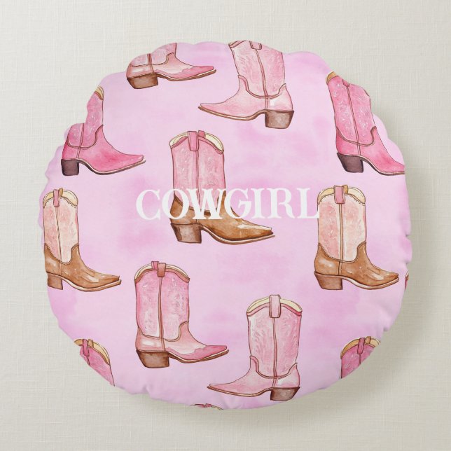 Pink Tan Cowgirl Boots Birthday Round Pillow (Front)