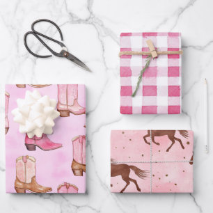 Pink Tan Cowgirl Boots Horses Birthday Wrapping Paper Sheets