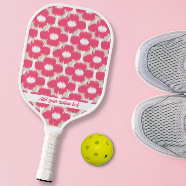 Pink Tan Floral Ikat Pattern Custom Text Name Pickleball Paddle (Creator Uploaded)