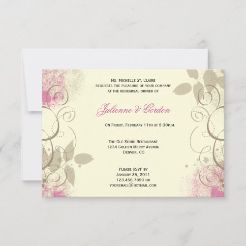 Pink Tan Grunge Leaves Swirls Rehearsal Dinner Personalized Invite