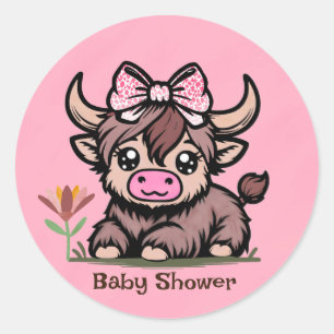 Pink Tan Highland Cow Girl Baby Shower Classic Round Sticker