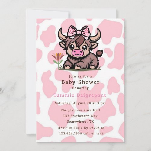 Pink Tan Highland Cow Girl Baby Shower  Invitation