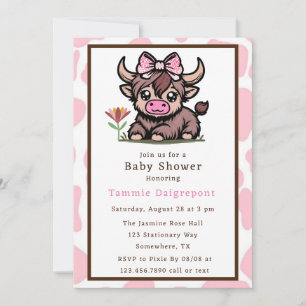 Pink Tan Highland Cow Girl Baby Shower Invitation