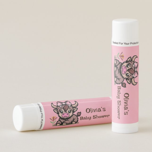Pink Tan Highland Cow Girl Baby Shower Lip Balm (Front)