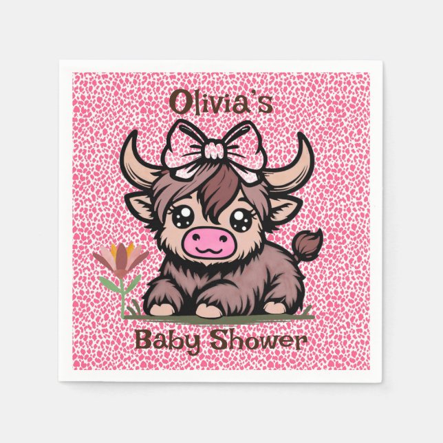 Pink Tan Highland Cow Girl Baby Shower Napkins (Front)