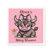 Pink Tan Highland Cow Girl Baby Shower Napkins