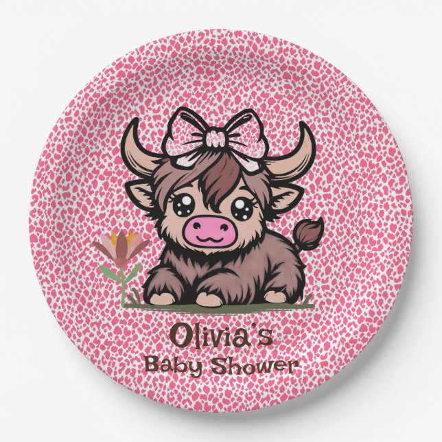 Pink Tan Highland Cow Girl Baby Shower Paper Plates (Front)