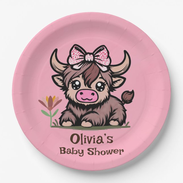 Pink Tan Highland Cow Girl Baby Shower Paper Plates (Front)