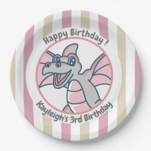 Pink Tan Stripes with a Pink Dragon Dino Birthday Paper Plates