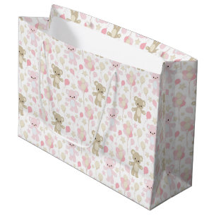PINK & TAN TEDDY BEARS STARS & BALLOONS LARGE GIFT BAG