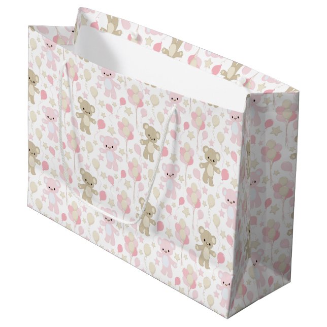 PINK & TAN TEDDY BEARS STARS & BALLOONS LARGE GIFT BAG (Front Angled)