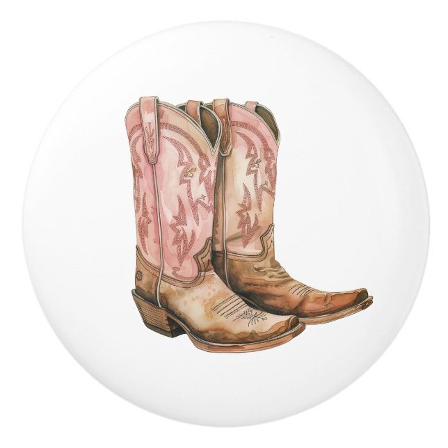 Pink Tan Western Cowgirl Boots Ceramic Knob (Front)