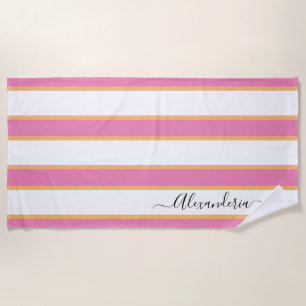 Pink Tangerine White Modern Preppy Stripes Beach Towel