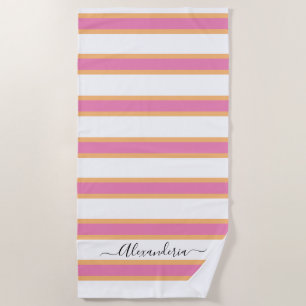 Pink Tangerine White Modern Preppy Stripes Beach Towel