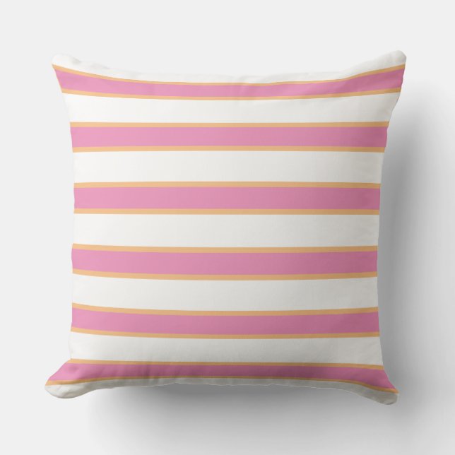 Pink Tangerine White Modern Preppy Stripes  Outdoor Pillow (Front)